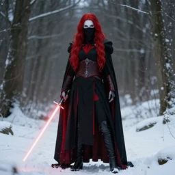 a beautiful female sith warrior with pale white skin and long flowing red hair, wearing black and red imperial uniform with cape and veiled face, holding lightsaber, outdoors in the forest in winter, snow covering the ground, dark gothic aesthetic, full body portrait, centered composition, detailed