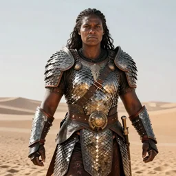 a large barbarian woman wearing scale mail, heavy looking, powerful, imposing presence, by greg rutkowski and larry elmore, highly detailed, hyperrealistic, dark skin, desert lands, sharp focus, soft lighting, centered, sunlight, volumetric lighting, reflections