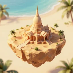 matte 3 d scene of a desert temple on a floating island oasis, lat lighting, isometric perspective on tropical beach background, soft shadows, 3 d render, raytracing,