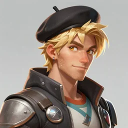 overwatch concept art character portrait of a new character who is a young blonde man with a beret with stubble face and long nose and gaunt cheeks, trending on artstation, cgsociety,