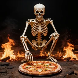 a human skeleton crouching over a pizza, looking in camera, backlight, black sky, fire burning, ultra detailed, hyper realistic, wide shot, by beksinski, giger, greg rutkowski