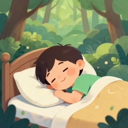 a beautiful illustration of a little cute boy on his bed dreaming about a beautiful forest, detailed face, beautiful colors, digital art