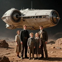 highly detailed, 268435456k film, 1400mm film still from a sci fi blockbuster color movie made in 2019, set in 1860, of a family standing in front of a spaceship that has just landed on an alien planet, the family are all wearing 1860s era clothes, good lighting, good photography, ultra high definition