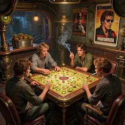 Kiwis kiwi fruits fruit kiwi kiwis in the interior of a steampunk pub, Greg Rutkowski, Milo Manara, night time, smoking cigarettes, playing board games, highly detailed, Quentin Tarantino movie posters, pulp fiction, level design, concept art, artstation, cgsociety, zenith view