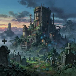 a beautiful ultradetailed anime illustration of cemetery city architecture urbex nature building industrial architecture by louis sullivan, atlantis at dusk studio ghibli uv light at dawn tron at night steampunk wilderness vaporwave sci - fi fog cgsociety fantasy matte painting forest, archdaily, wallpaper, highly detailed, trending on artstation.