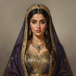 head-on symmetrical centered painted portrait, Mahira Khan as a D&D wizard, Persian medieval robes, fantasy, intricate, elegant, highly detailed, digital painting, smooth, sharp focus, illustration, artstation, in the style of Artgerm and Anna Podedworna and Alex Ross