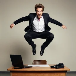 a looney goofy photo of alex jones jumping on his desk
