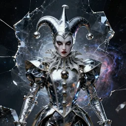 impressive entrancing front!! shot photo of a court jester character fine portrait fine portrait mesmerizing caustics hyper cubes platinum cracked dark future hyper dimensional space galactic crystal nebula edges elegant detailed intricate concept artstation sharp focus ray tracing cinematic masterpiece temporal corruption beeple wlop germ 8 4 k scifi glossy hyper realistic illustration canon eos r 3 fujifilm x - t 3 0 sony alpha