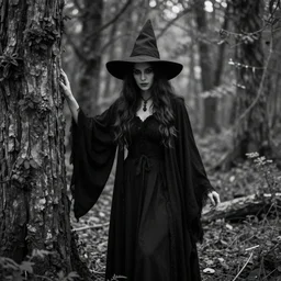 a witch in an ancient forest, b&w photo by kasebian