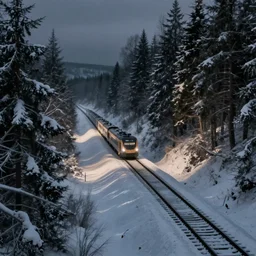 winter snowy night landscape railroad forest distant train