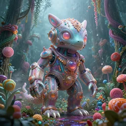 giant iridescent cyber animal creature in candy jungle, raining, foggy, moody, : : dan mcpharlin daniel merrian : : ornate, dynamic, particulate, rich colors, intricate, elegant, highly detailed, centered, artstation, smooth, sharp focus, octane render, 3 d