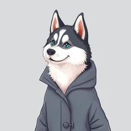 illustration of a fluffy husky wearing a coat
