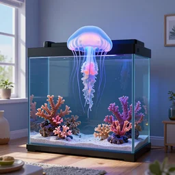 the realistic photo of the modern room as aquarium with a big jellyfish and corals, realistic colors, realistic shadows, daylight made in blender, hd, 3 d by beeple and damian hirst