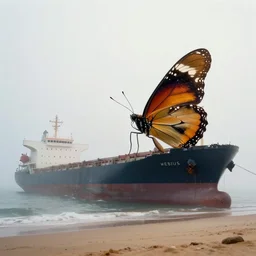 in the misty morning, a giant butterfly lands on a huge cargo ship stranded on the sand, by moebius