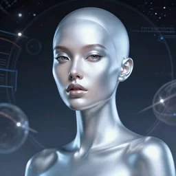 retrofuturistic portrait of extremely beautiful woman smooth shiny chrome skin, space graphics in background, close up, quint buchholz, wlop, dan mumford, artgerm, liam brazier, peter mohrbacher, raw, featured on artstation, octane render, cinematic, elegant, intricate, 8 k