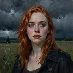 Elle Fanning in a field in the world of Adam Wyeth, head and shoulders portrait, stormy weather, extremely detailed masterpiece, oil on canvas, low-key neon lighting, artstation, Blade Runner 2049, Roger Deakin’s cinematography, by J. C. Leyendecker and Peter Paul Rubens and Edward Hopper and Michael Sowa,