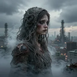 mysterious sad rotten girl wrapped in smoke observing a big industrial city metropoli in the distance, cloudy sky, highly detailed, detailed face, intricate complexity, epic composition, magical atmosphere, cinematic lighting, masterpiece, color picture, ultra hd