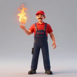 a man wearing a red shirt, red cap, throwing fire by the hand, overalls, professional studio photography, moustache, photo, 3 d render, vfx