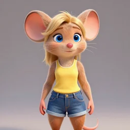 3 d render, portrait, mid shot, anthropomorphic mouse, female, blond fur, blue eyes, wearing denim short shorts, wearing a off yellow tank top shirt, solo, in the style of zootopia