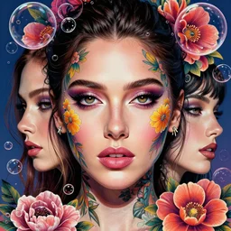 glamor portrait face symmetry, morena baccarin, floral tattoos, surrounded bubbles, intricate detailed photorealistic by hannah yata, mark brooks, helene knoop, artgerm, charlie bowater, mandy jurgens and alex ross, bold colors, artstation