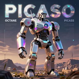 Picasso cyberpunk album holographic cover art of a giant robot. 3D octane.