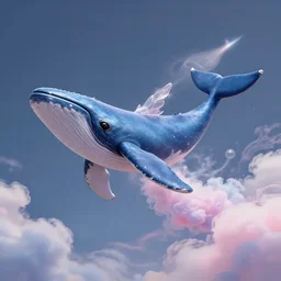 studio portrait of mecha divine whale flying above cotton candy ethereal clouds