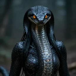 snake woman hybrid, long, black scales, bright amber eyes, chest coverd, scales on her chest, cinematographic shot, by daniel f. gerhartz