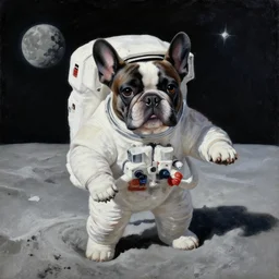 oil painting of a french bulldog astronaut on the moon