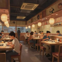 a busy Japanese restaurant interior, painting by Craig Mullins, octane rendering, warm moody lighting, wide angle lens, low view, in the style of Pixar animation, trending on artstation,