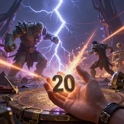 an epic battle in dream scape, as a hand tosses a d 2 0 onto a the table. in the dreamscape shows fighting, lightning hitting an orc, magic shooting forth from different directions, artstation, 8 k