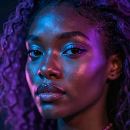 hyperrealistic intricate close-up of beautiful african woman with purple hair and pearlescent blue skin james paick machiej kuciara dramatic neon lighting on one side 35mm shallow depth of field