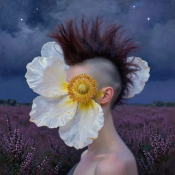 closeup, giant flower as head mohawk, a woman in a heather field, surreal photography, starlight, storm clouds, impressionist painting, digital painting, artstation, simon stalenhag