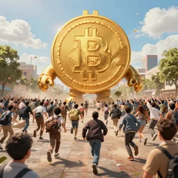 crowd running away from a giant with bitcoin face, artstation, highly detailed, 8k