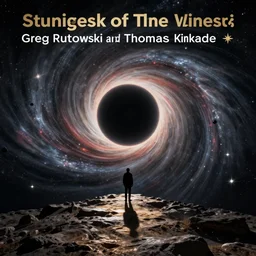 stand at the edge of the universe, black hole in the sky, event horizon, by greg rutkowski and thomas kinkade