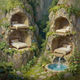 painting of a series of opposing living quarters carved high up inside a mountain, lush garden with hot spring between, cozy bed, well maintained, clean, medieval, fantasy genre, natural light, fantasy, natural light, sharp focus, concept art, by greg rutkowski and craig mullins, cozy atmospheric and cinematic lighting, trending on artstation