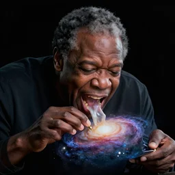 a cinematic still of neil degrasse tyson ferociously eating a galaxy, (octane render, nvidia raytracing demo), masterpiece, (monster), (empty black void)