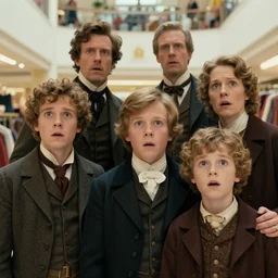 sharp, highly detailed, high quality 65mm frame scan from a sci fi blockbuster color movie made in 2019, a family of four time travelers from 1860 travel in time to 2019, appearing in a shopping mall, looking surprised, the family are all wearing 1860s era clothes, good lighting, in focus, cinematic still, high quality scan, in focus, 35mm macro lens, detailed eyes, realistic faces and details, oscar winner, award winning lighting, award winning photography, ultra high definition