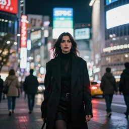 portrait shot of a dark hair girl dressed by rick owens walking through shibuya lit by neons, night time, cinematic lights, annie leibovitz, 4k, highly detailed, glows, reflections, red leds, smoke, shallow depth of field, sigma 85mm 1.4