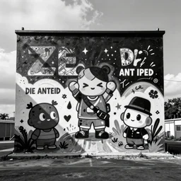 zef design black and white color scheme, graffiti, cute characters, die antwoord