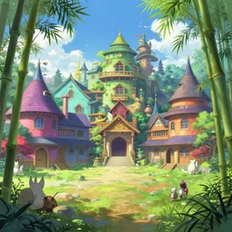 wide open courtyard of a colorful kitsune wizard college | | anime, bamboo, a fantasy digital painting by greg rutkowski and james gurney, trending on artstation, highly detailed