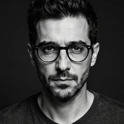 black and white close - up portrait shot, studio photograph of a male symmetrical handsome andrea belluci the painter artist, casual clothes, wearing glasses, anxiety and depression, intricate, elegant, highly detailed, hyper realistic, dark background, flickr, smooth, 4 k, 3 0 0 dpi, sharp focus, shot by canon
