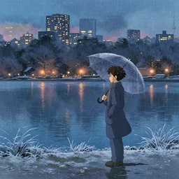 rainy day by the lake, winter frost, city lights, pixiv, art by studio ghibli and thomas kinkade