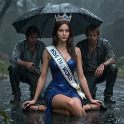 unreal engine octane render of miss of the world sitting in the rain, by conrad roset and by greg rutkowski