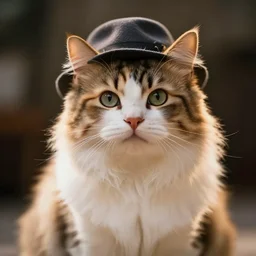 fluffy calico cat with a hat on, cinematic look, god lighting, 4 k majestic looking