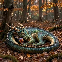 hyper realistic photography of sleeping dragon in the autumn forest moebius, craig mullins, simon stalenhag, jakub rozalski