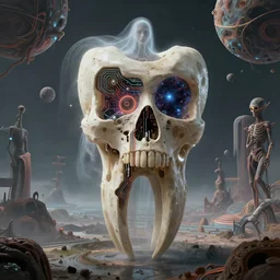 bone and teeth with cosmic circuitry and futuristic technology rearranging body form, ghostly figure, constructivism + surrealism, a floating landscape, a portal, and some twisted alien planets, abstract, voodoo, by antoine wiertz and noah bradley, visually stunning, cinematic, ultra realistic, hyper realism, 1 2 k, epic, octane render, unreal engine, vfx, maya