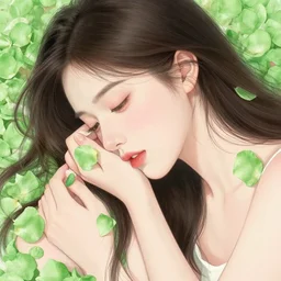 the portrait of an absurdly beautiful, graceful, elegant, shy young woman made of strawberries and green petals, an ultrafine hyperdetailed illustration by kim jung gi, irakli nadar, intricate linework, bright colors, octopath traveler, final fantasy, angular, unreal engine 5 highly rendered, global illumination, radiant light, detailed and intricate environment