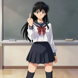 school girl, school uniform, showing middle finger, seifuku, pleated miniskirt, overknee socks, battle angel alita. by rembrandt 1 6 6 7, illustration, by konstantin razumov, by william - adolphe bouguerea