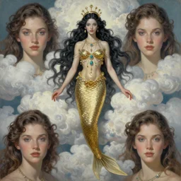 a beautiful dark androgynous mermaid, pinup pose, long hair, tall and thin, wearing dozens of pendants and a gown of gold, small delicate crown of the sea on her head, illustration, symmetry accurate features, volumetric light clouds, ultra realist soft painting, (art nouveau), octane render, 8k, HD, by Tom Bagshaw, Brom, Charlie Bowater, faces by otto schmidt