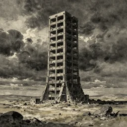 a desolate landscape with a lonely looming brutalist tower in the center, drawn by tsutomu nihei